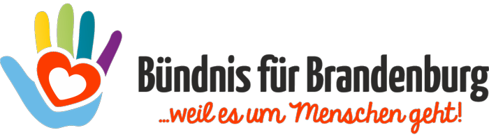 Dies ist das Logo des Bündnis für Brandenburg. Links ist eine bunte Hand mit einem Herz. Rechts steht Bündnis für Brandenburg, weil es um Menschen geht!